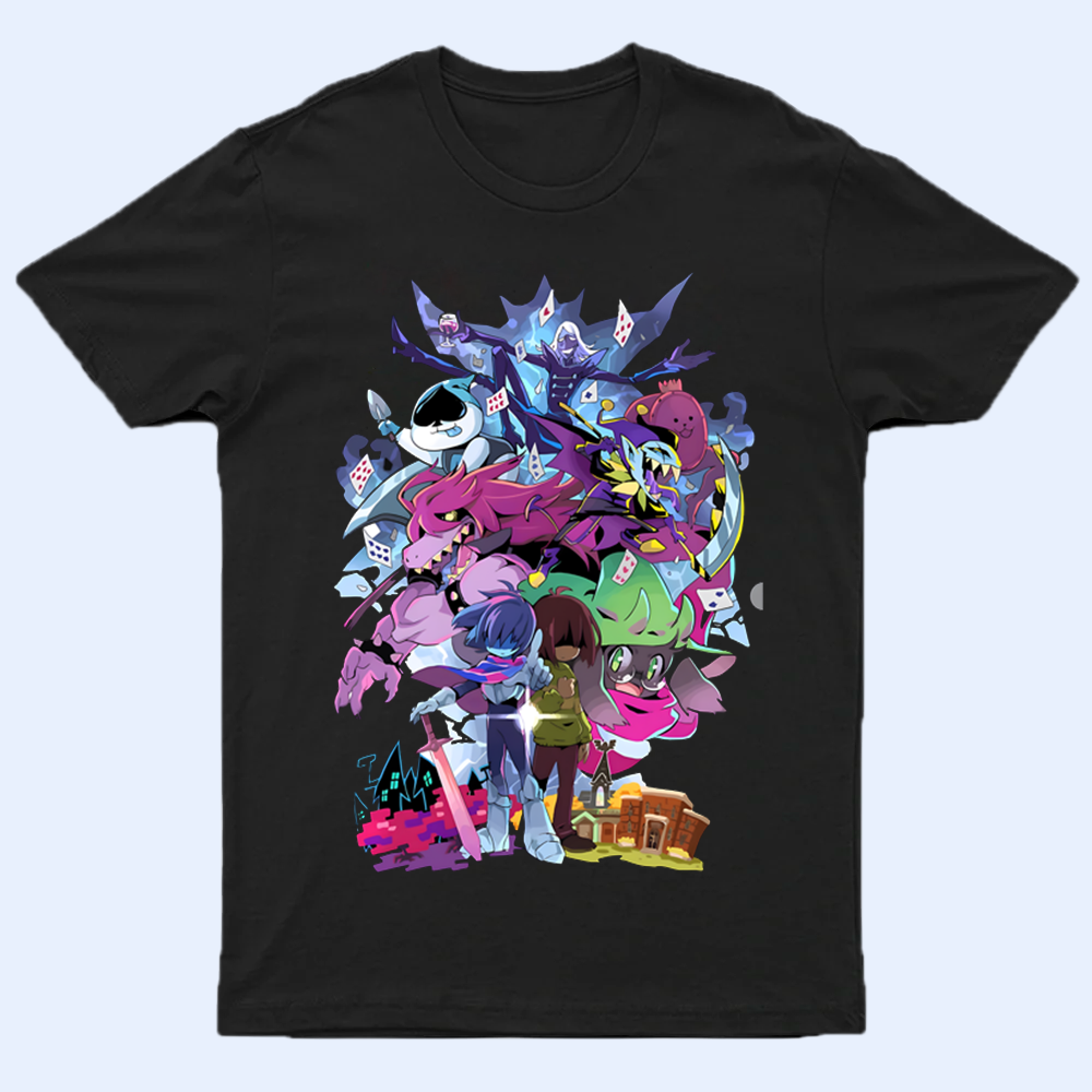 Front view of the DELTARUNE merch Characters Artwork T-shirt, featuring a vibrant graphic of multiple beloved figures