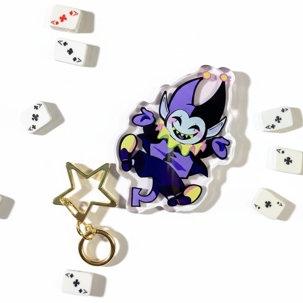 Front view of the acrylic DELTARUNE Merch Jevil Keychain, featuring the chaotic jester design.