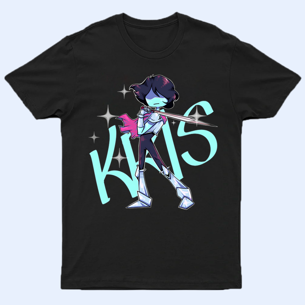 Front view of the DELTARUNE merch Kris Character T-shirt, featuring the heroic Lightner graphic