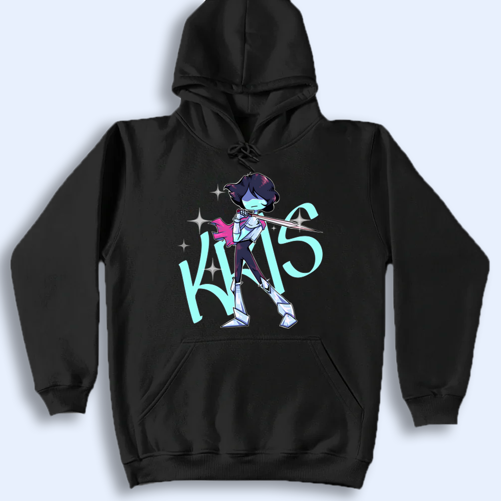 Black hoodie with a character and 'Kris' text on a white background