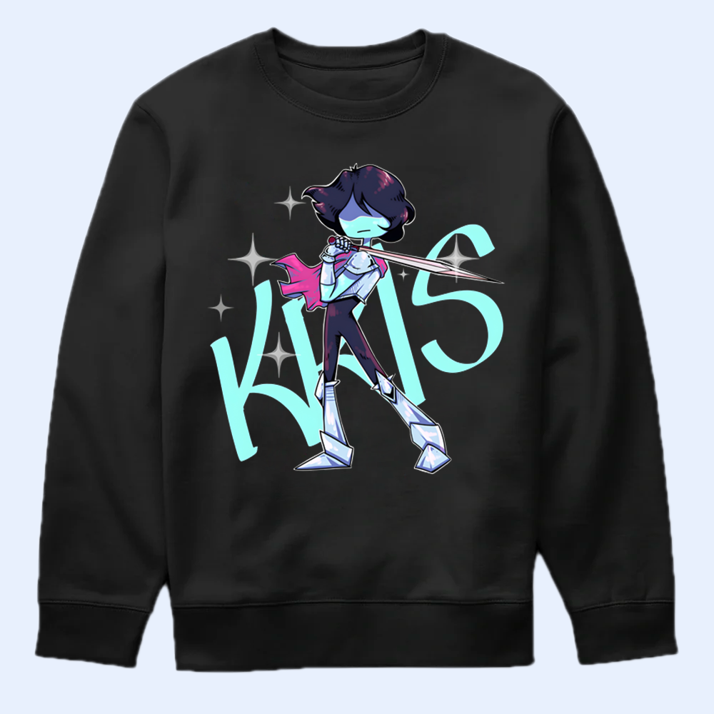 Black sweatshirt with a character and 'Kris' text on a light blue background