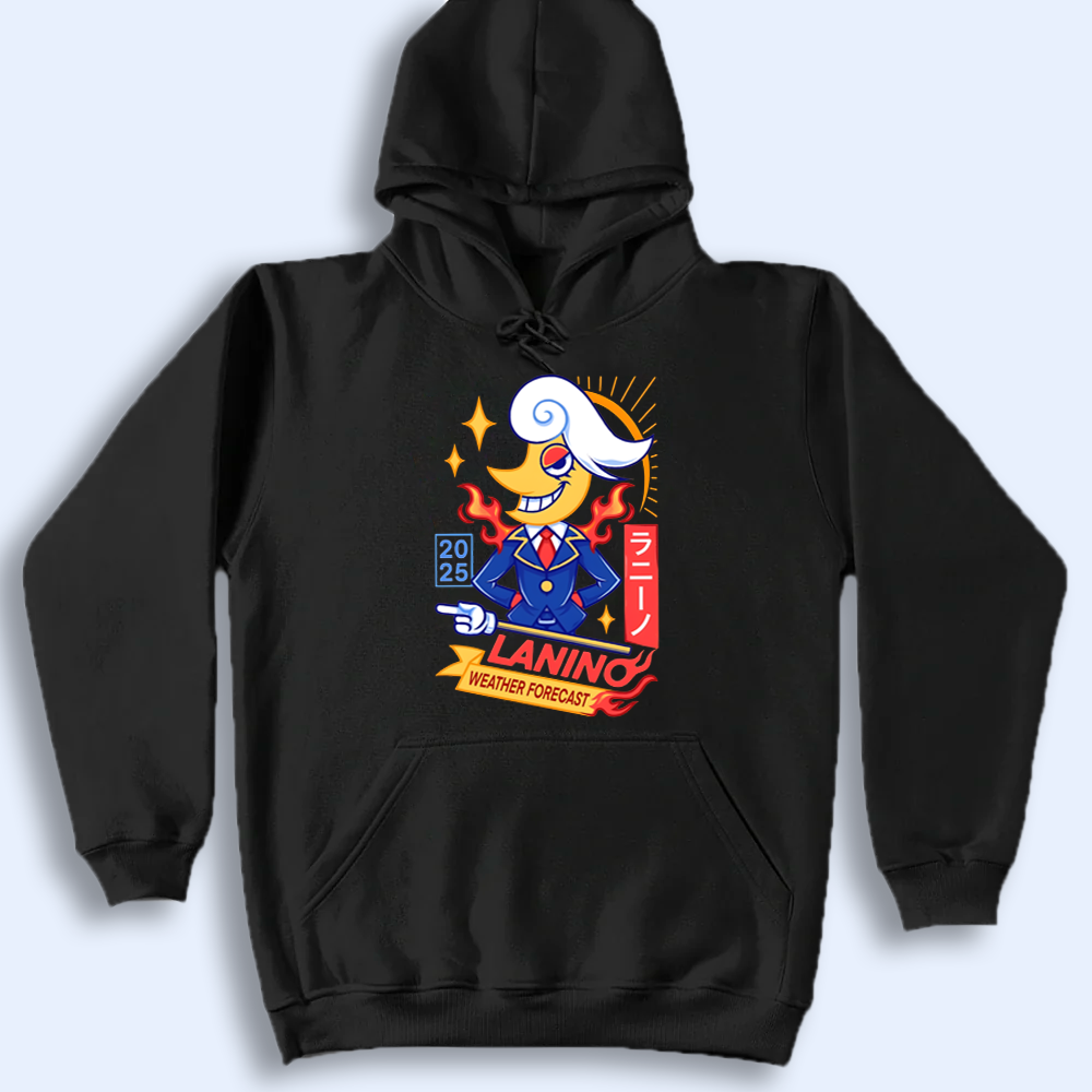 Black hoodie with Lanino graphic design on a light gray background