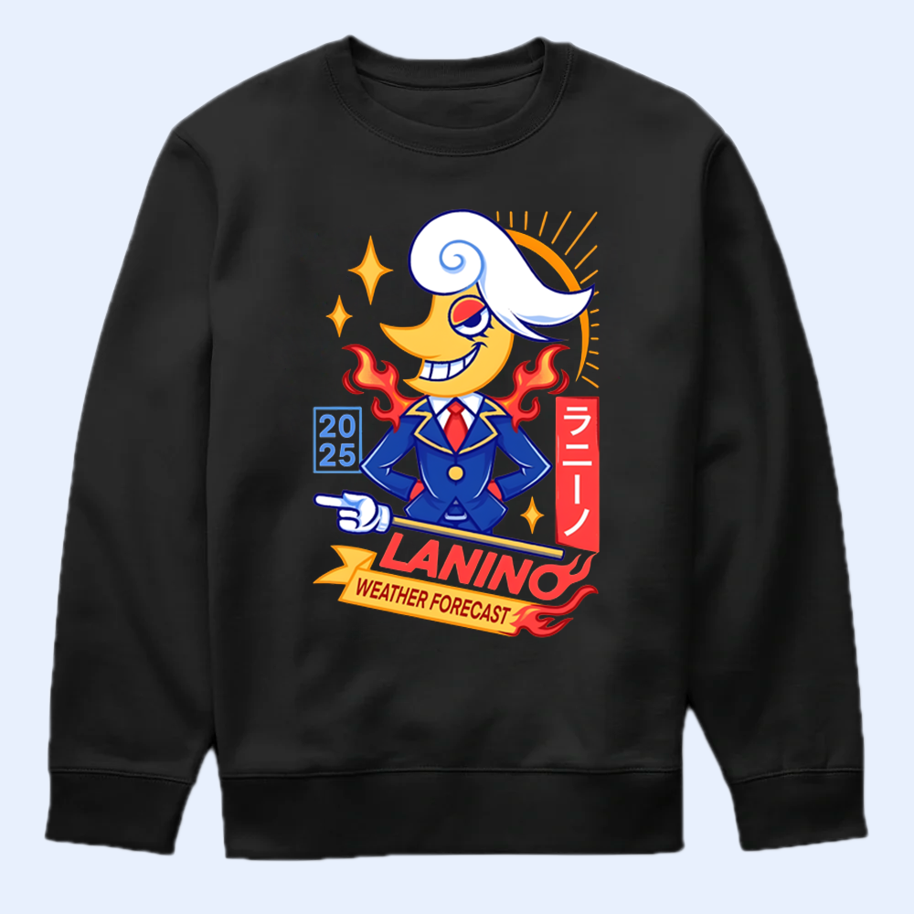 Black sweatshirt with Lanino graphic design on a light blue background