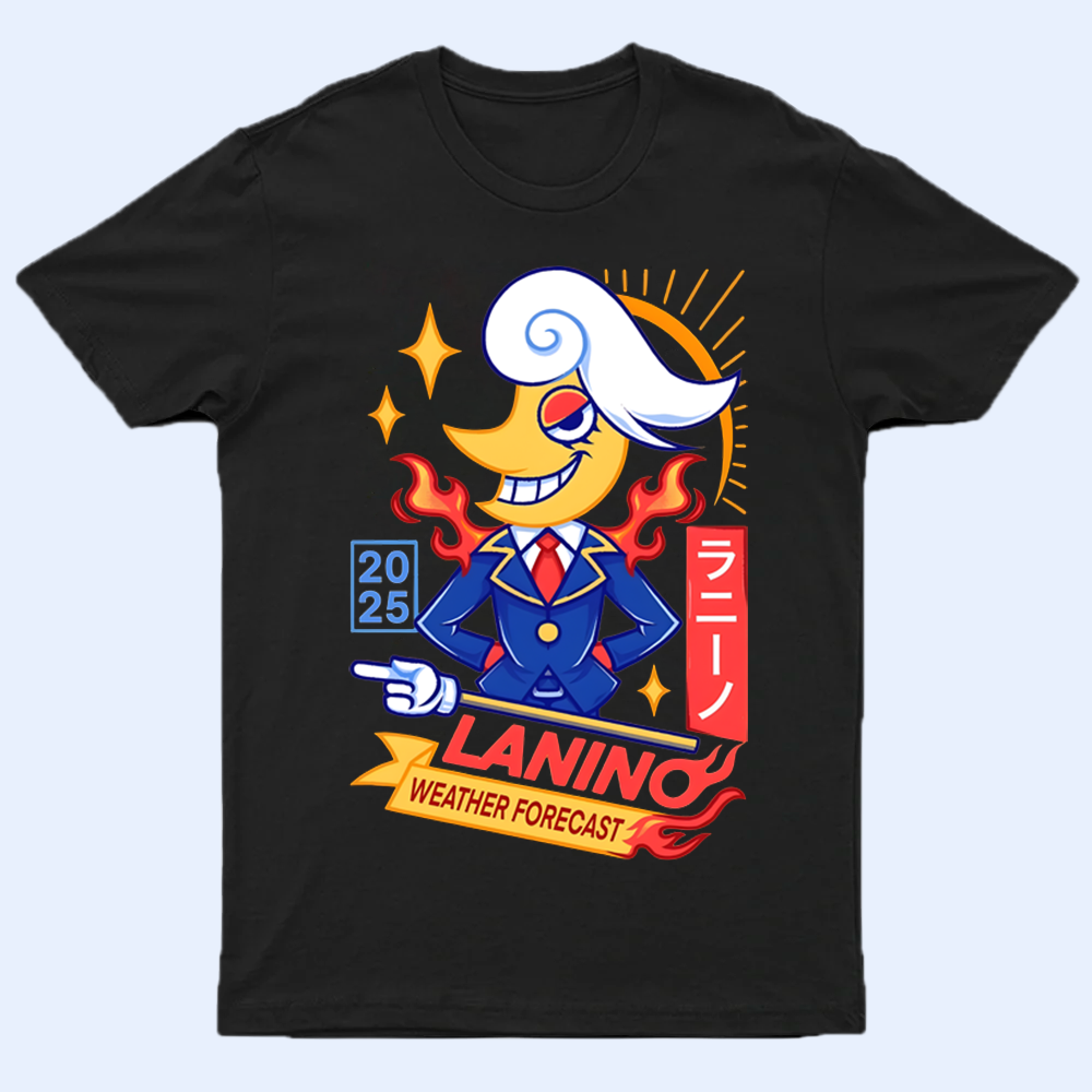 Front view of the DELTARUNE merch 'Lanino Weatherforecast' T-shirt, featuring the unique Lanino graphic