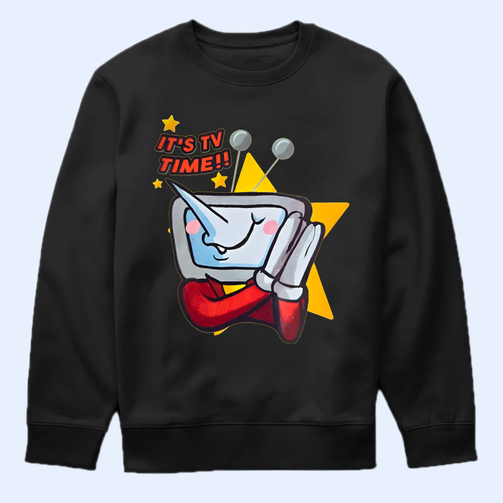 Black sweatshirt with the "It's TV time" text on a light blue background