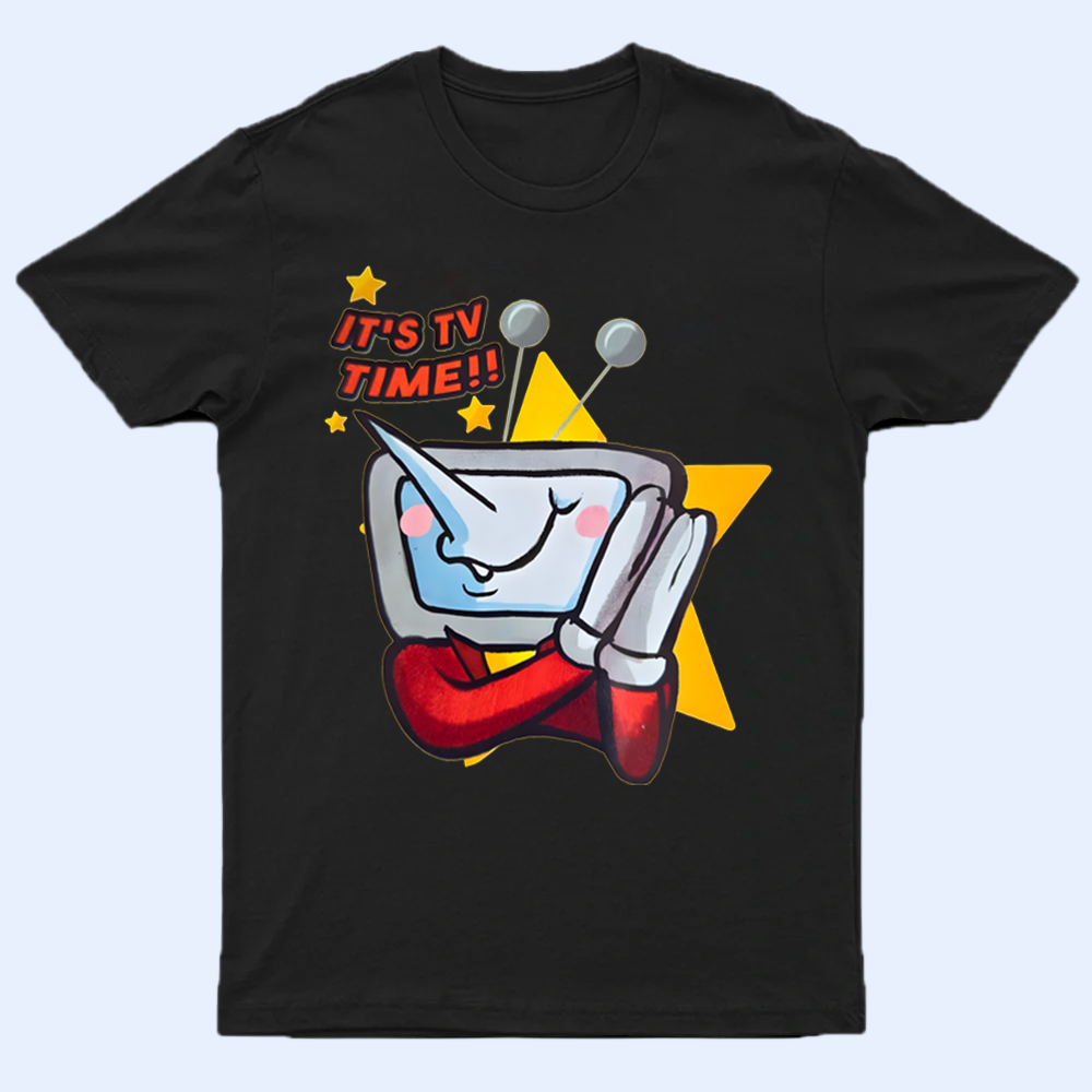 Front view of the DELTARUNE merch Mr. Ant Tenna Broadcast Tee, featuring the unique character graphic and 'It's TV time' quote