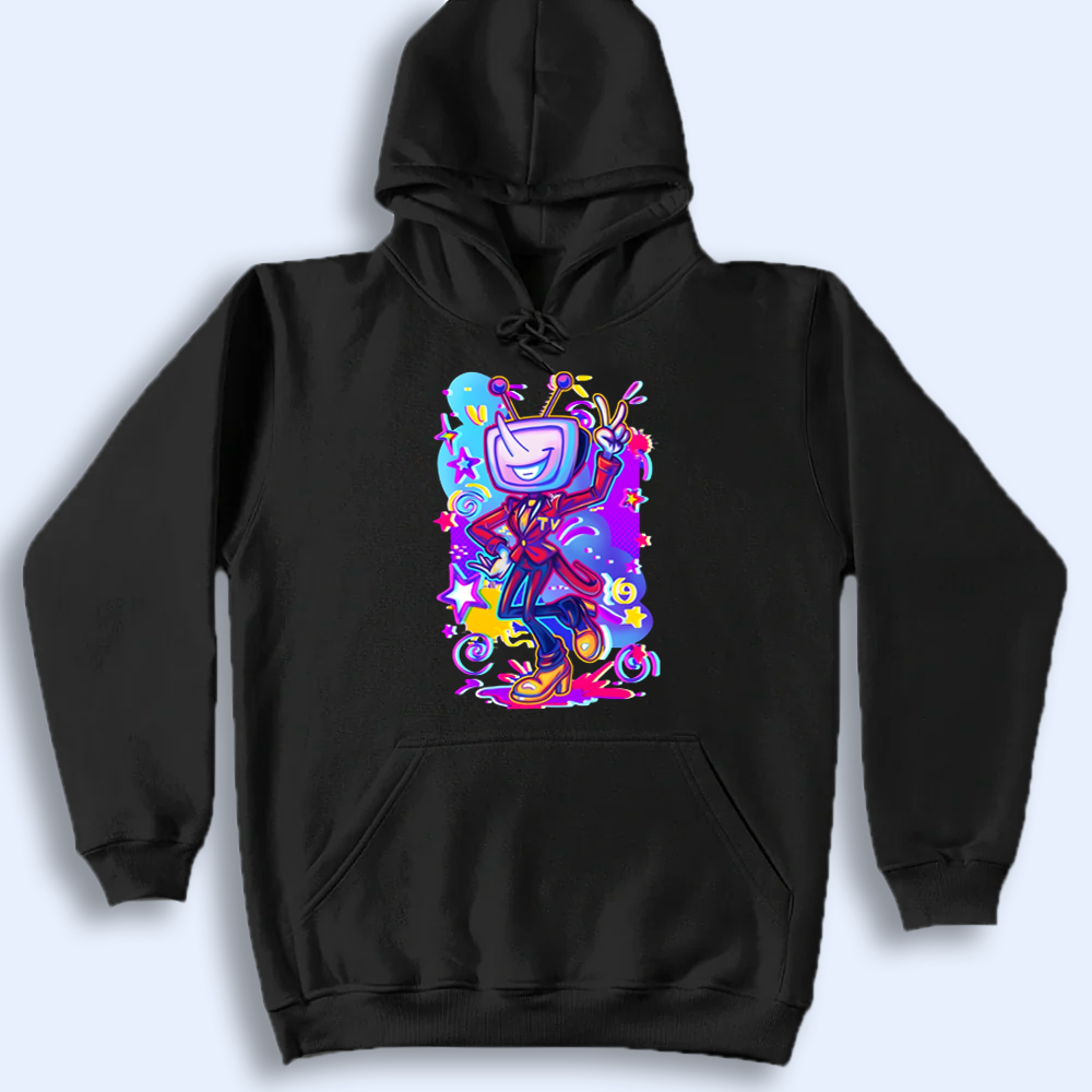 Black hoodie with a Mr.Ant Tenna graphic design on a white background