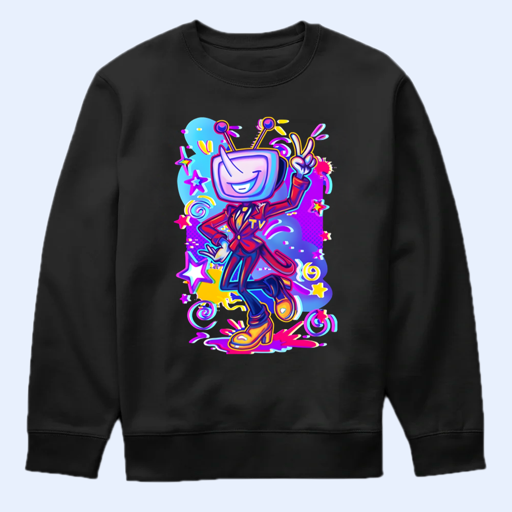 Black sweatshirt with a Mr.Ant Tenna graphic design on a light blue background