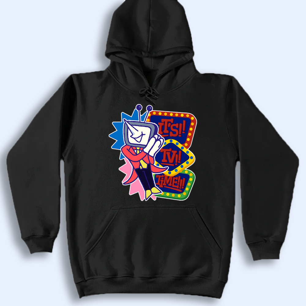 Black hoodie with Mr.Ant Tenna graphic design on a light gray background
