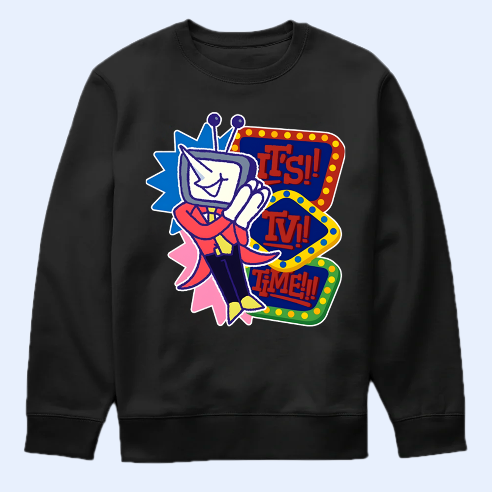 Black sweatshirt with Mr.Ant Tenna graphic design on a light blue background