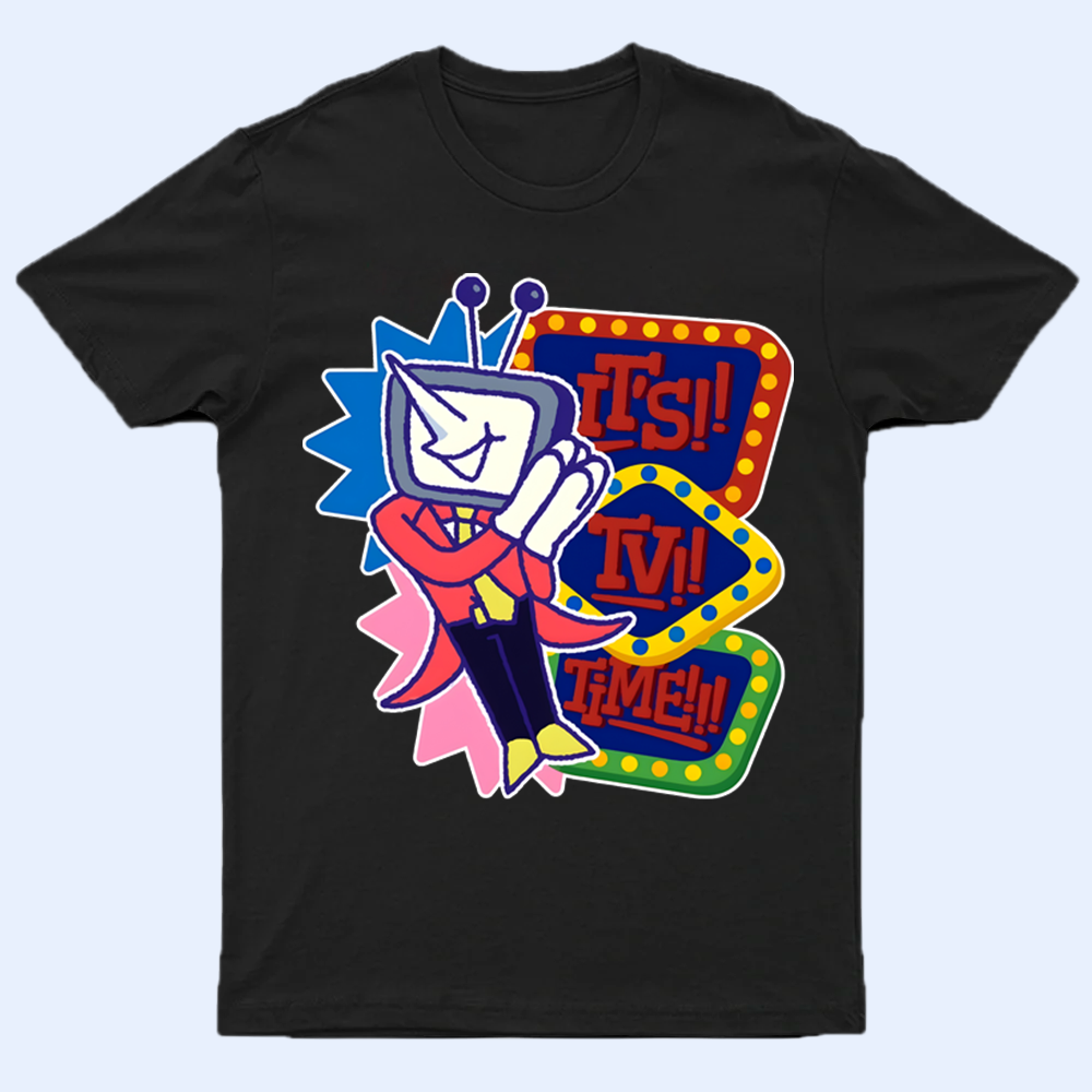 Front view of the DELTARUNE merch Mr. Ant Tenna Screen Tee, featuring the unique character graphic and 'It's TV time' quote