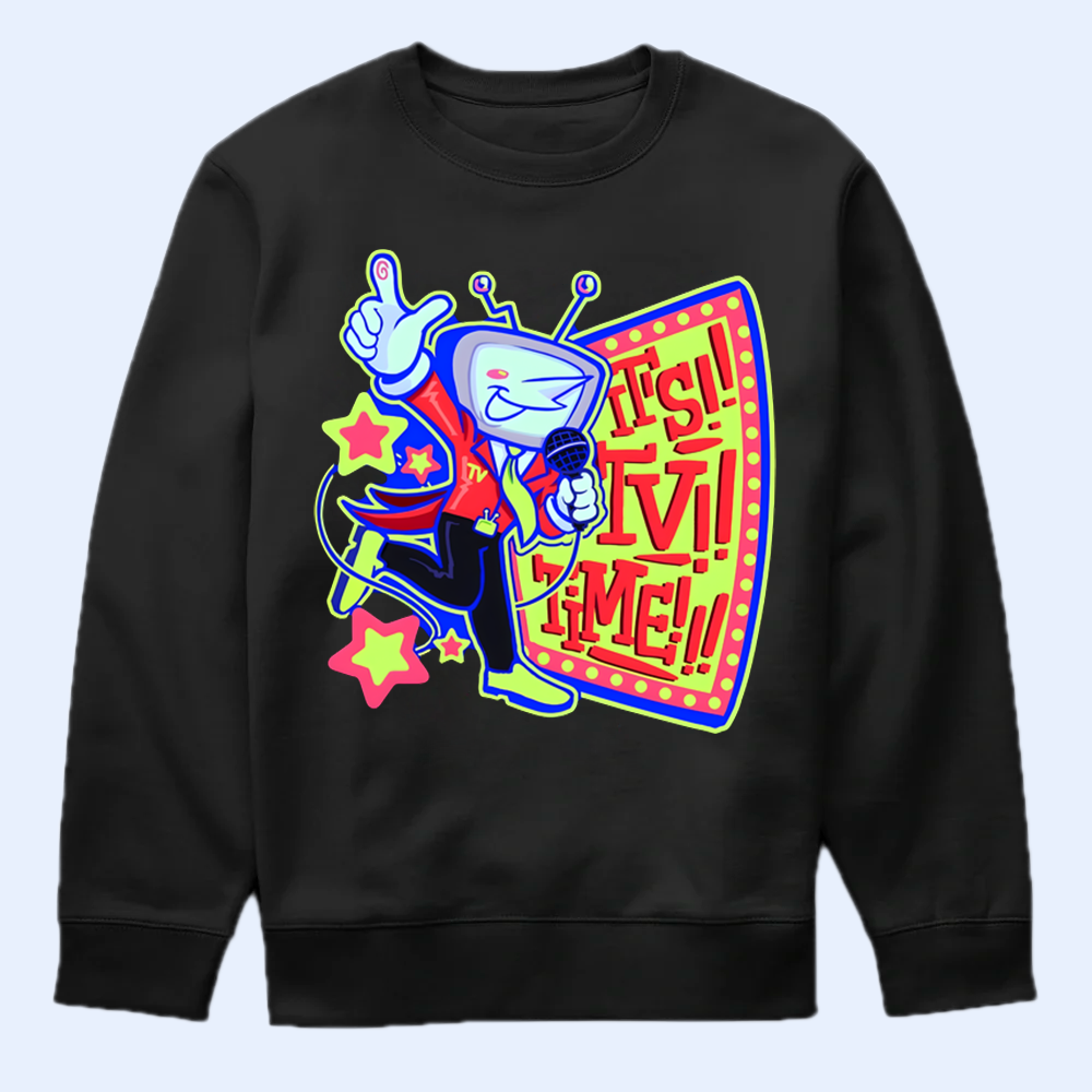 Black sweatshirt with colorful Mr.Ant Tenna design on a light blue background