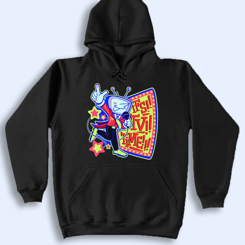 Black hoodie with colorful Mr.Ant Tenna design on a white background