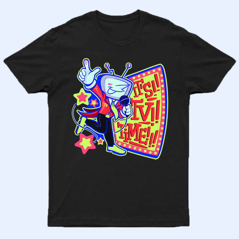Front view of the DELTARUNE merch Mr. Ant Tenna Show Host T-shirt, featuring the unique character graphic and 'It's TV time' quote.