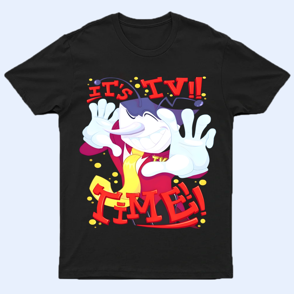Front view of the DELTARUNE merch Mr. Ant Tenna 'It's TV Time' T-shirt, featuring the unique character graphic