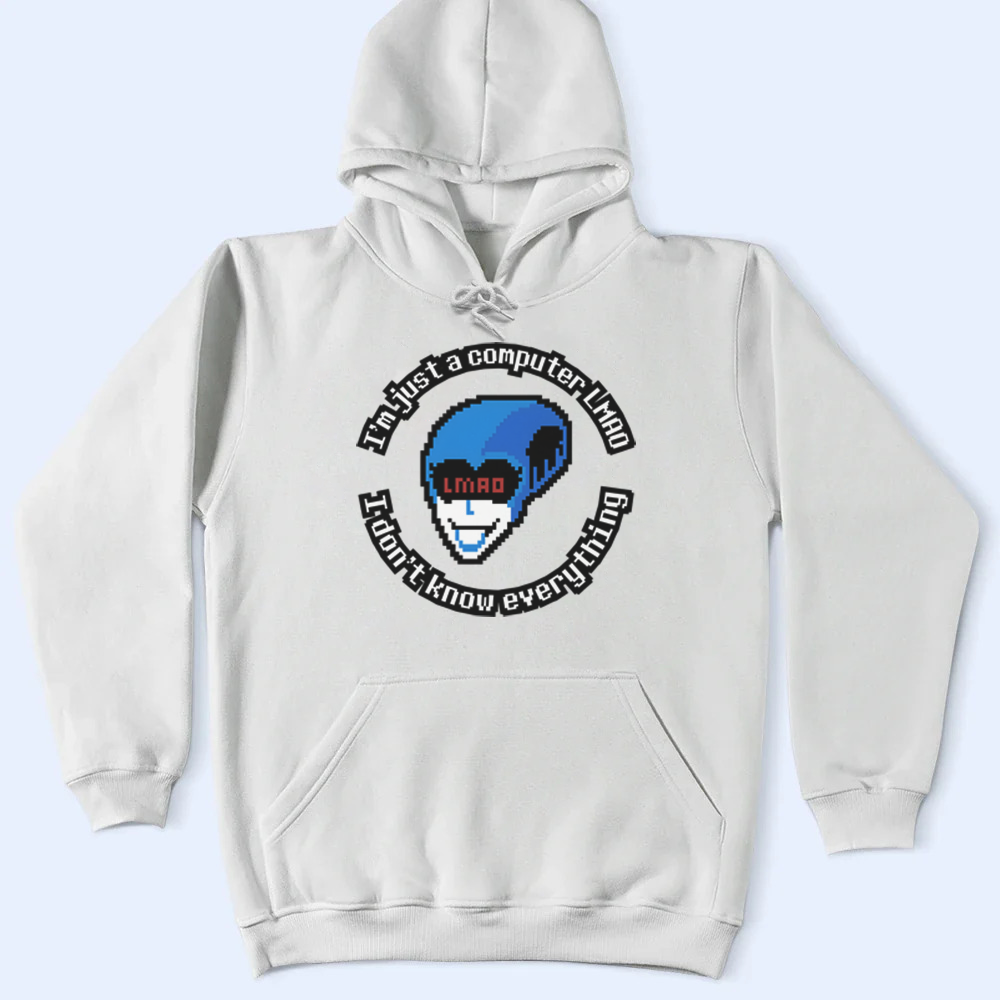 White hoodie with Queen LMAO design and text on a light blue background