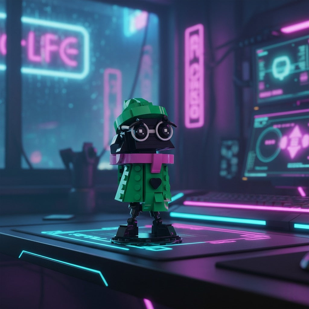 The Ralsei Brick Figure displayed on a gaming desk or shelf as unique decor.