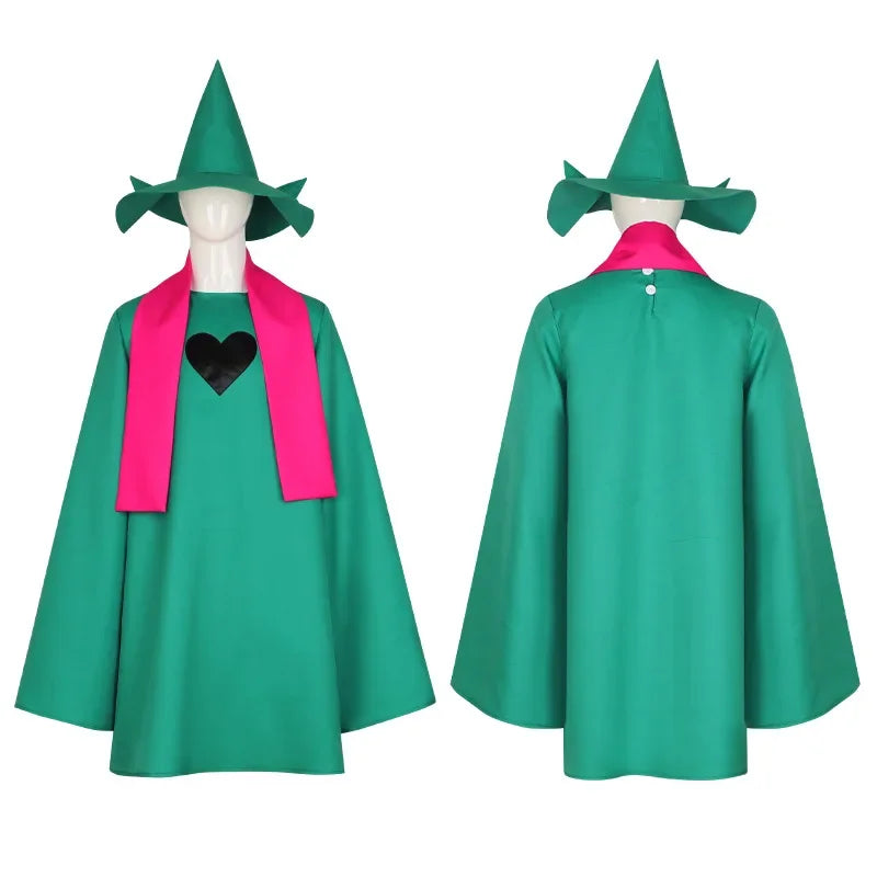 Full view of the DELTARUNE Merch Ralsei Cosplay costume set, featuring the hooded cloak, hat, and scarf.