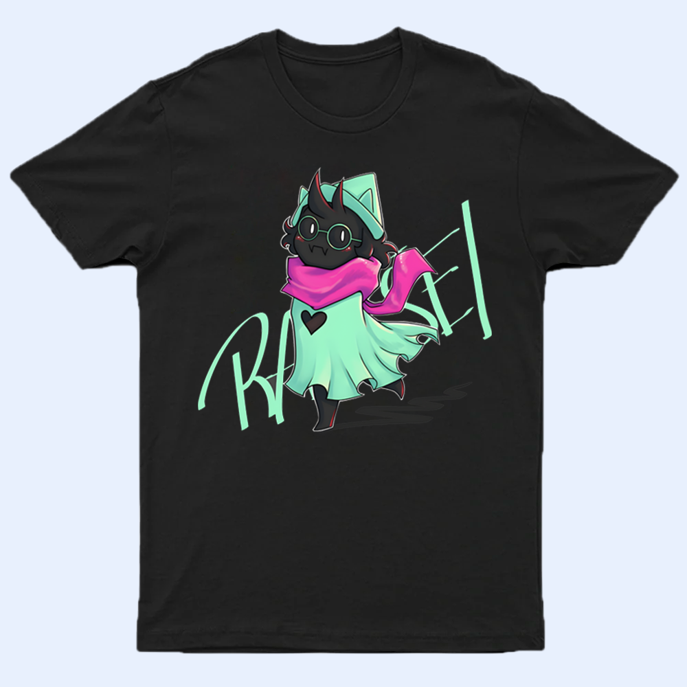 Front view of the DELTARUNE merch Ralsei Fluffy Friend T-shirt, featuring the kind Darkner character graphic