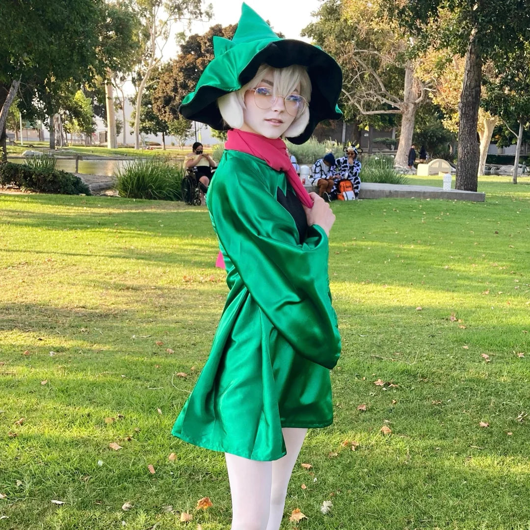 DELTARUNE Merch Ralsei Cosplay costume set worn by a model, demonstrating the fit and flow of the hooded cloak outfit.