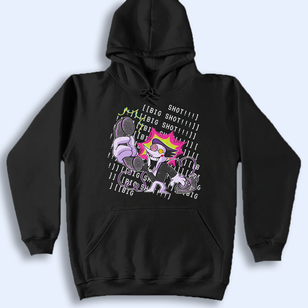 Black hoodie with Spamton graphic design on a light gray background