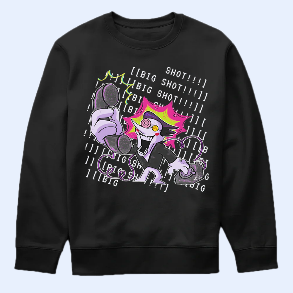 Black sweatshirt with Spamton graphic design on a light blue background
