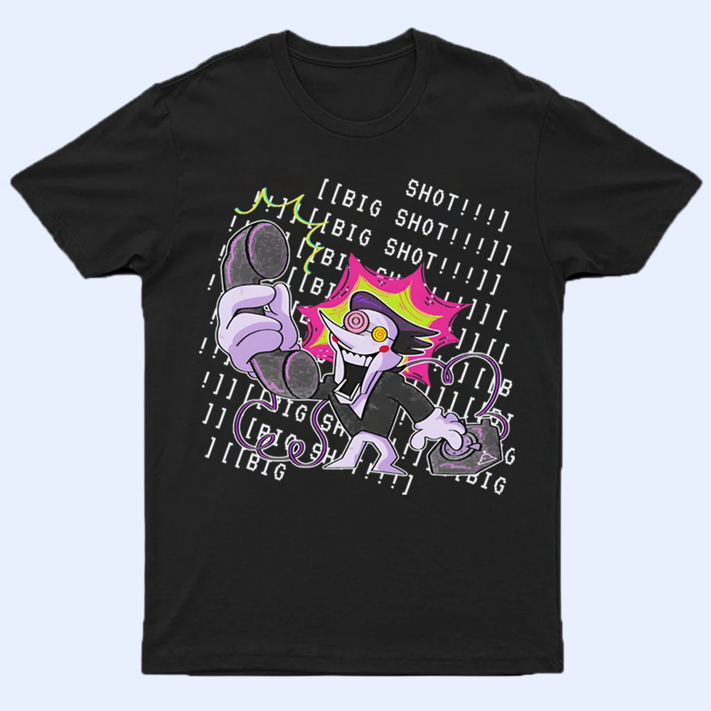 Front view of the DELTARUNE merch Spamton 'BIG SHOT' T-shirt, featuring the ultimate salesman character and iconic quote