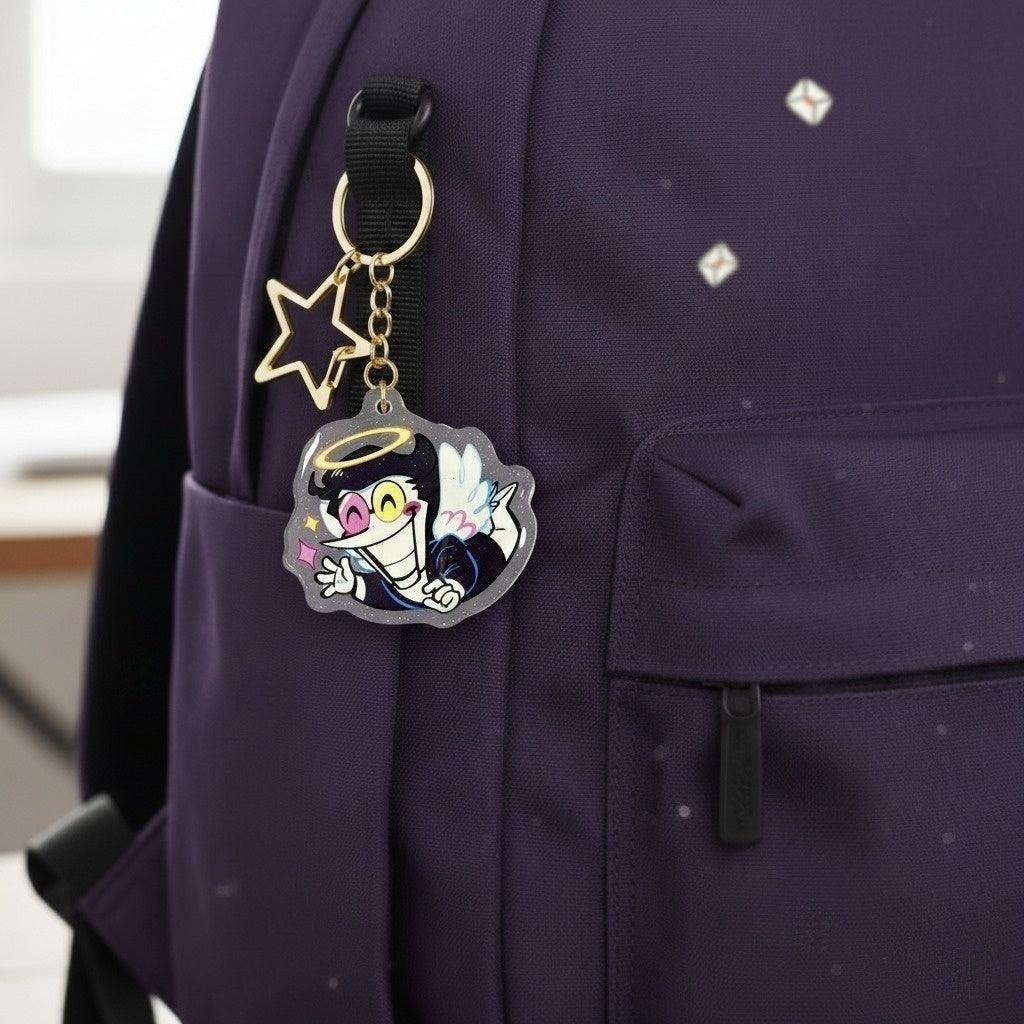 DELTARUNE Merch Spamton Keychain clipped onto a backpack zipper, demonstrating its use as a bag accessory.