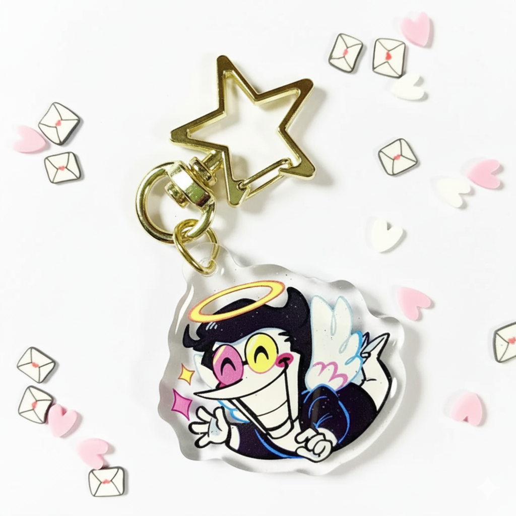 Front view of the DELTARUNE Merch Spamton Keychain, featuring the Ultimate Salesman character design