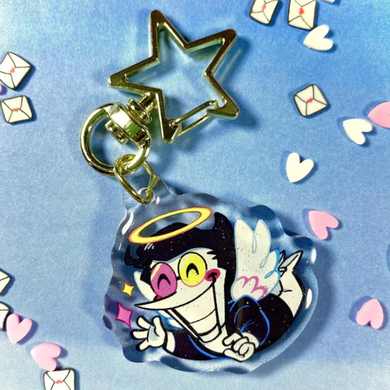 Front view of the DELTARUNE Merch Spamton Keychain, featuring the Ultimate Salesman character design.