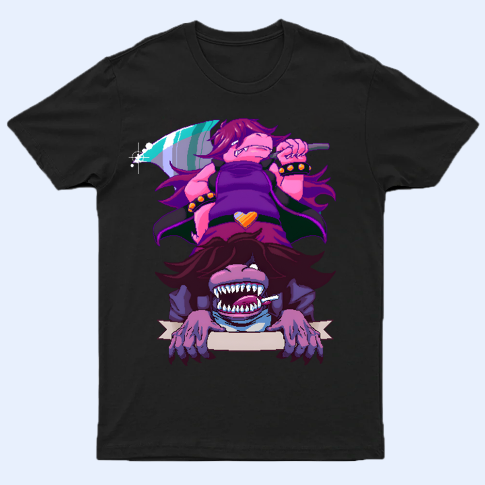 Front view of the DELTARUNE merch Susie Character T-shirt, featuring the fierce Darkner graphic.