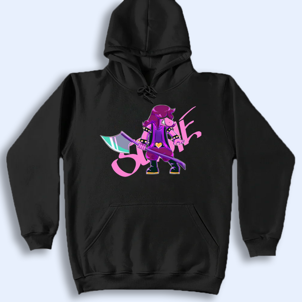 Black hoodie with a colorful Susie design on a light gray background