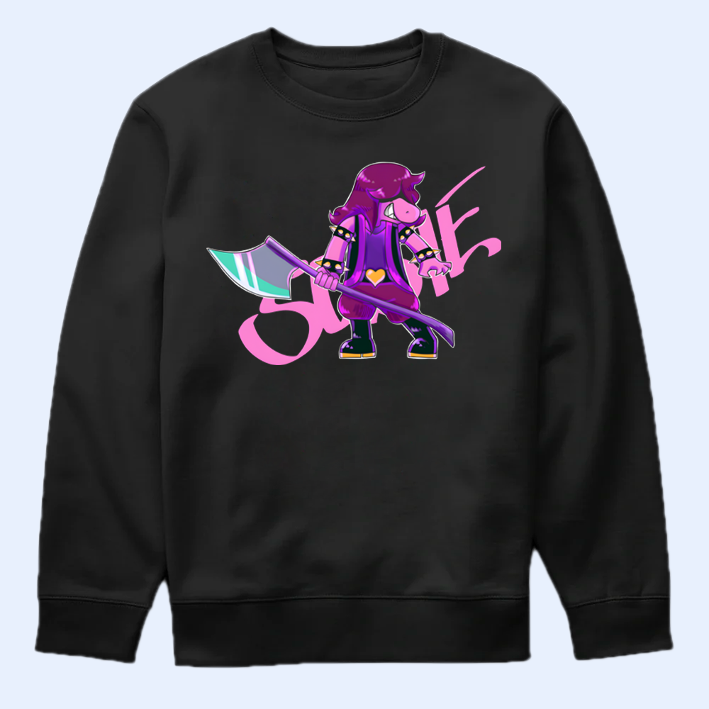 Black sweatshirt with a colorful Susie design on a light blue background