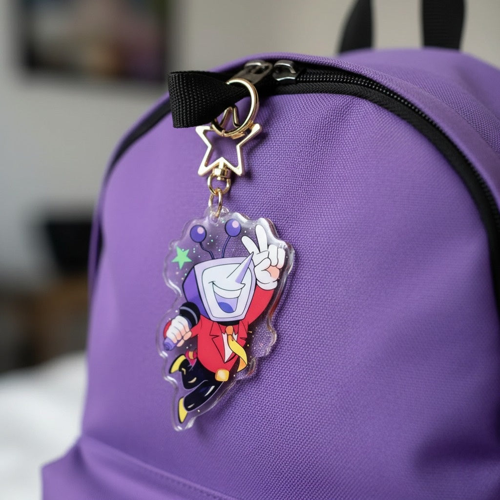 DELTARUNE Merch Tenna Glitter Keychain clipped onto a backpack zipper, demonstrating its use as a bag accessory.
