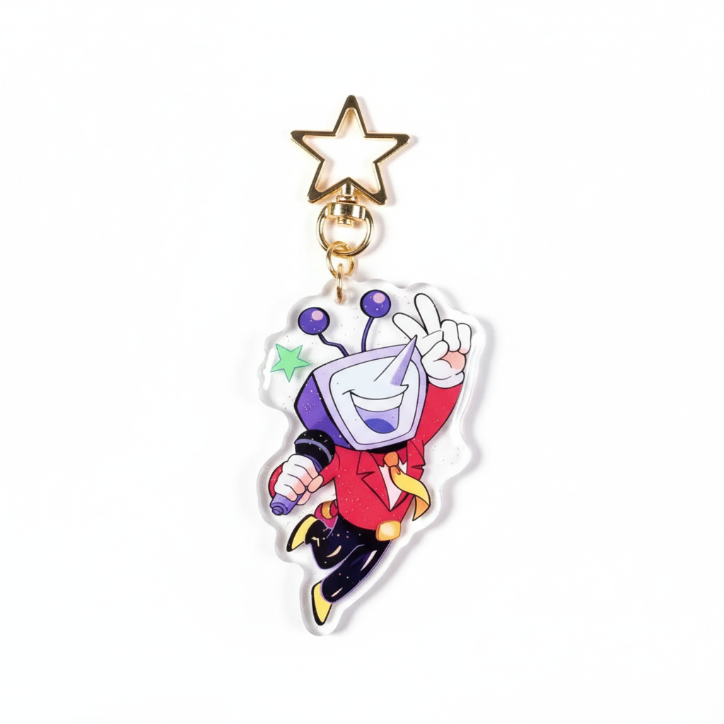 Front view of the DELTARUNE Merch Tenna Deltarune Glitter Keychain, showcasing its sparkling finish and unique TV host design.