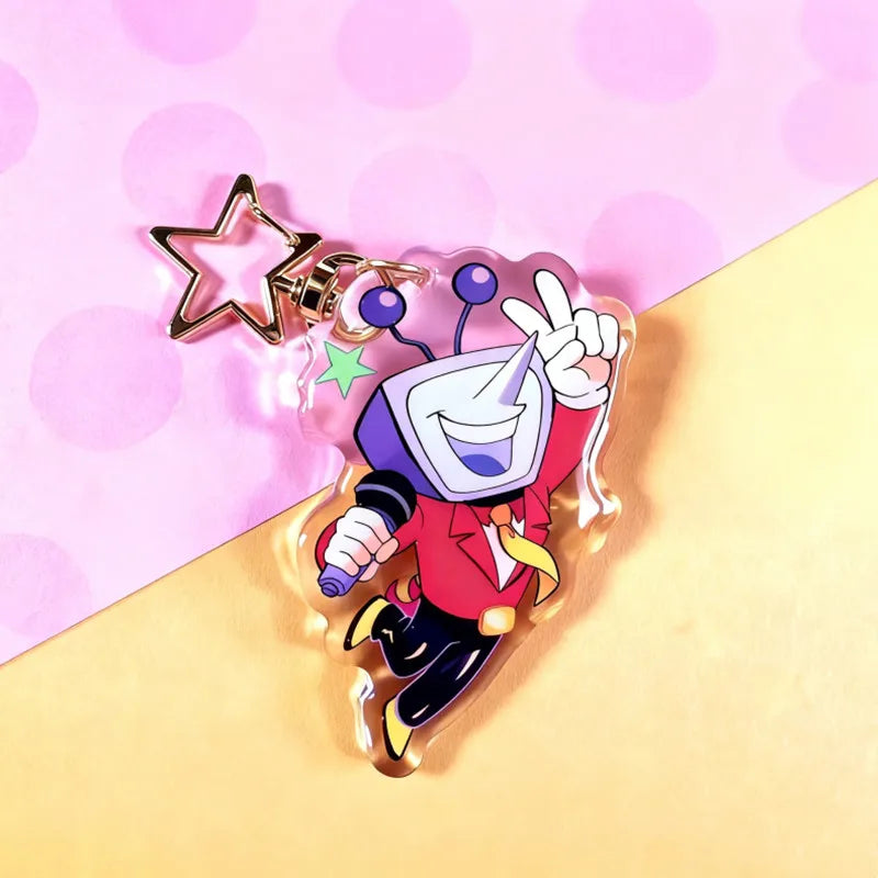 Front view of the DELTARUNE Merch Tenna Deltarune Glitter Keychain, showcasing its sparkling finish and unique TV host design