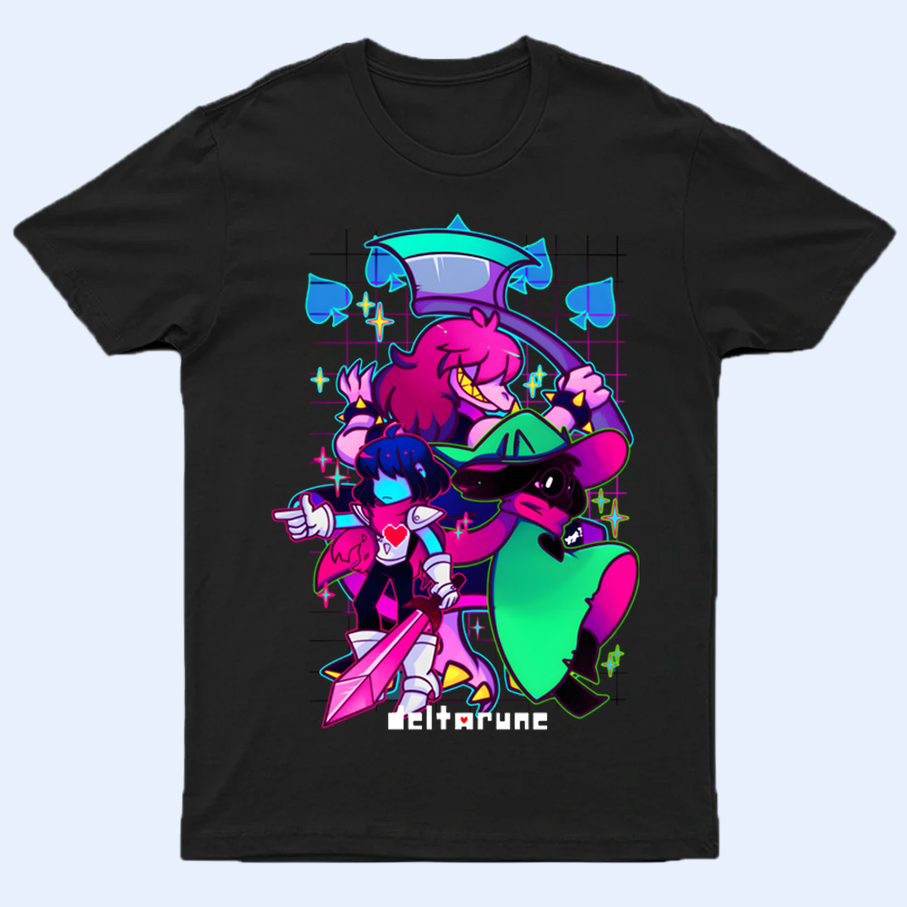 Front view of the DELTARUNE merch 'The Trio' T-shirt, featuring Kris, Susie, and Ralsei in a dynamic graphic.