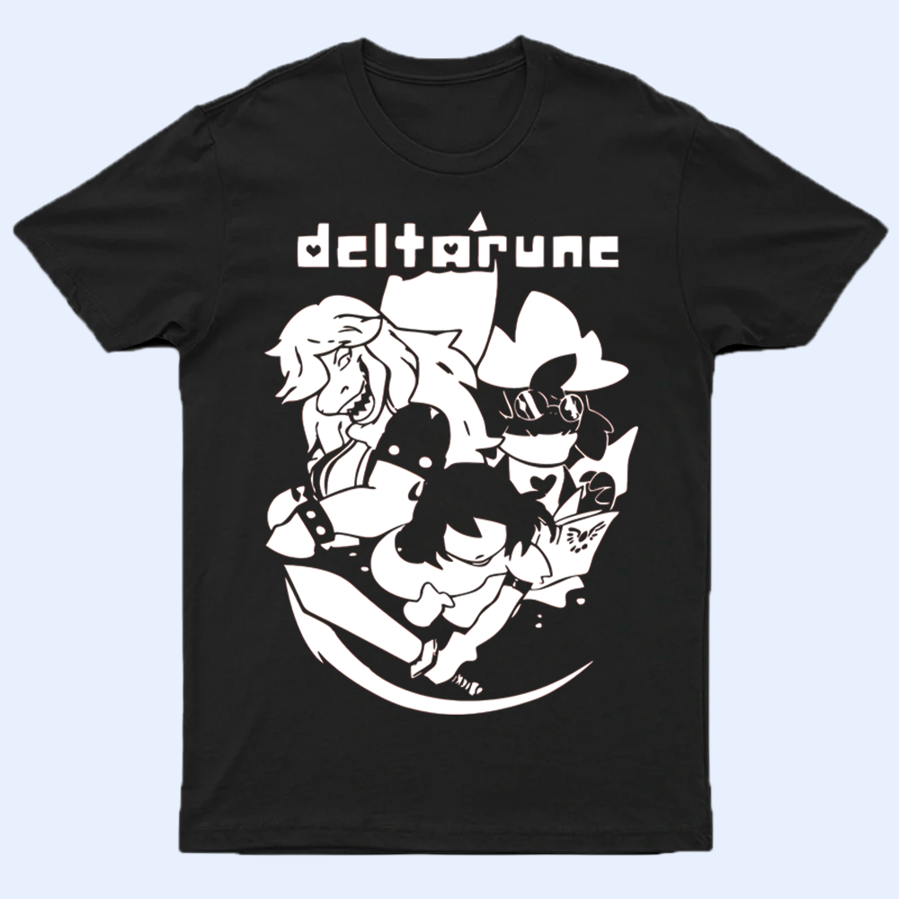 Front view of the DELTARUNE merch 'The Trio' T-shirt, featuring Kris, Susie, and Ralsei in a dynamic graphic