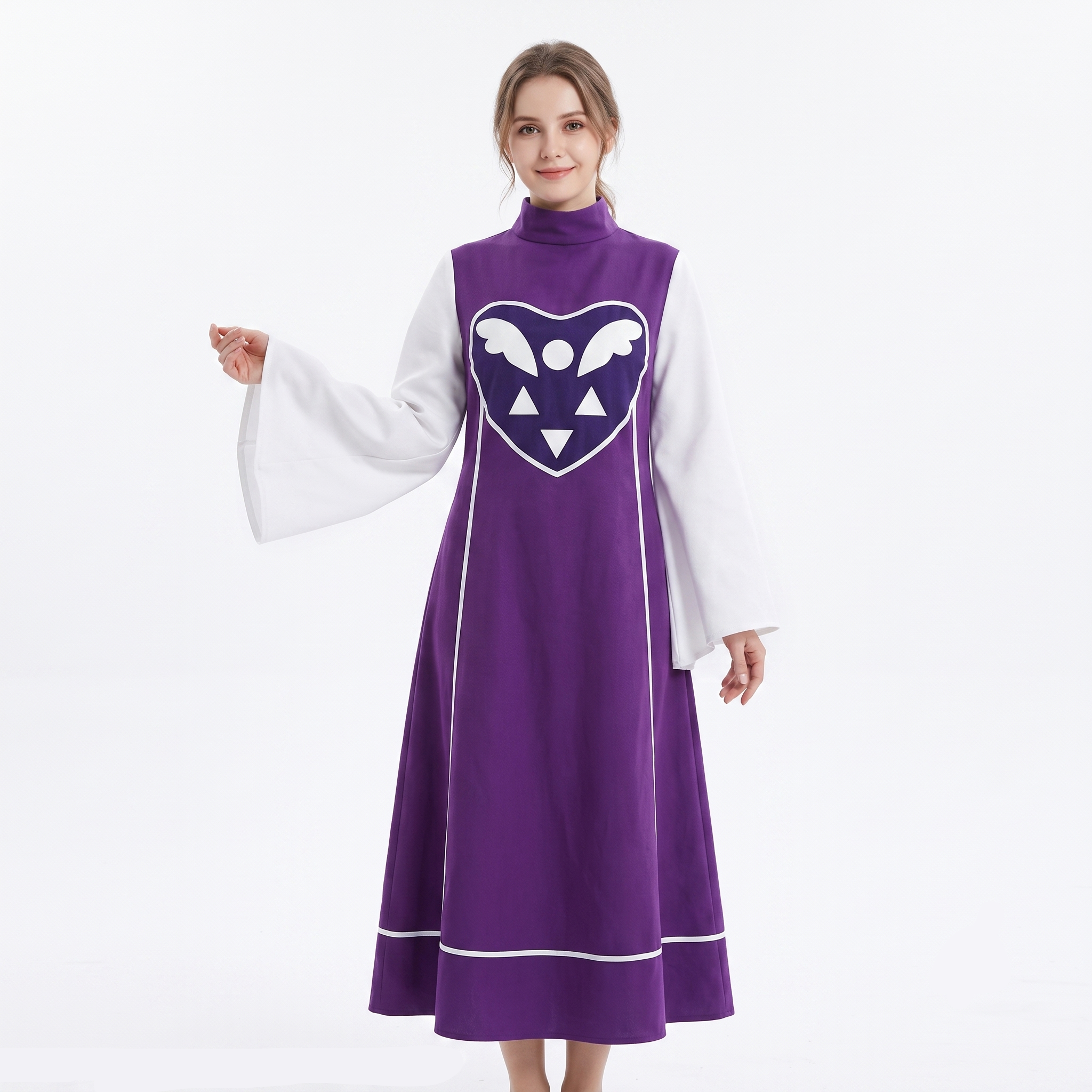 Adult model wearing the unisex DELTARUNE Merch Toriel tunic, showcasing overall fit and sleeve drape.