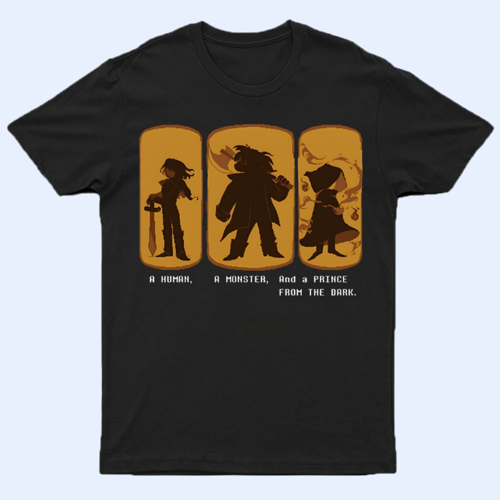 Front view of the DELTARUNE merch 'The Trio' Silhouette T-shirt, featuring 'a human, a monster, and a prince from the dark
