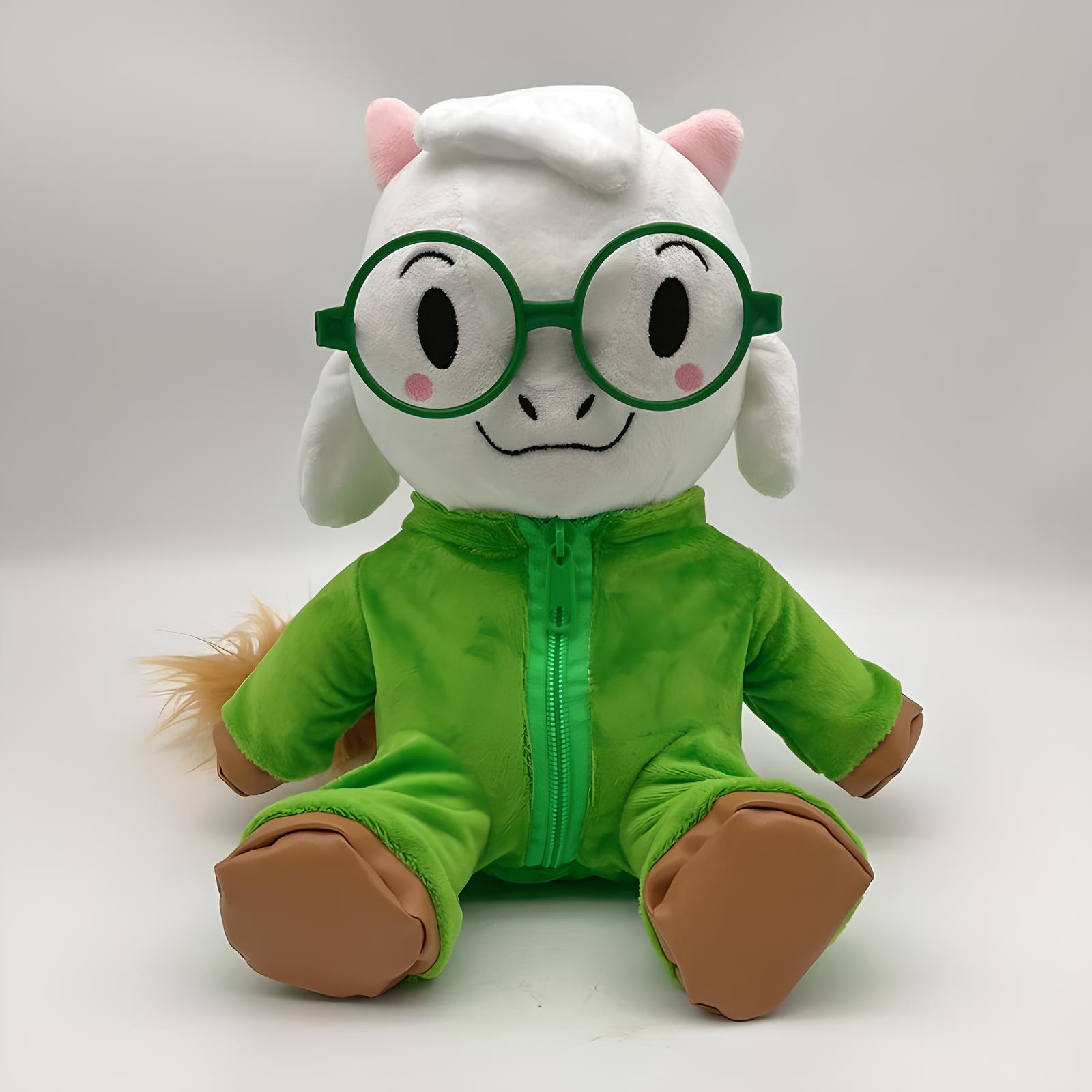 The DELTARUNE Plush Toy No Hat Ralsei displayed on a shelf or gaming desk, perfect for collectors.