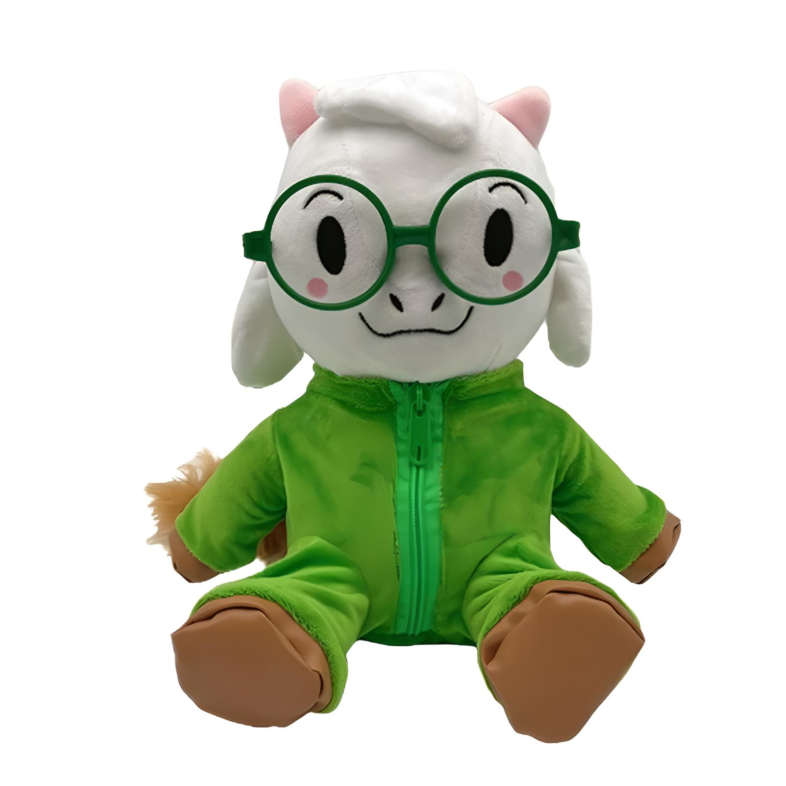 Close-up of the DELTARUNE Plush Toy No Hat Ralsei's face, focusing on the embroidered features and scarf.