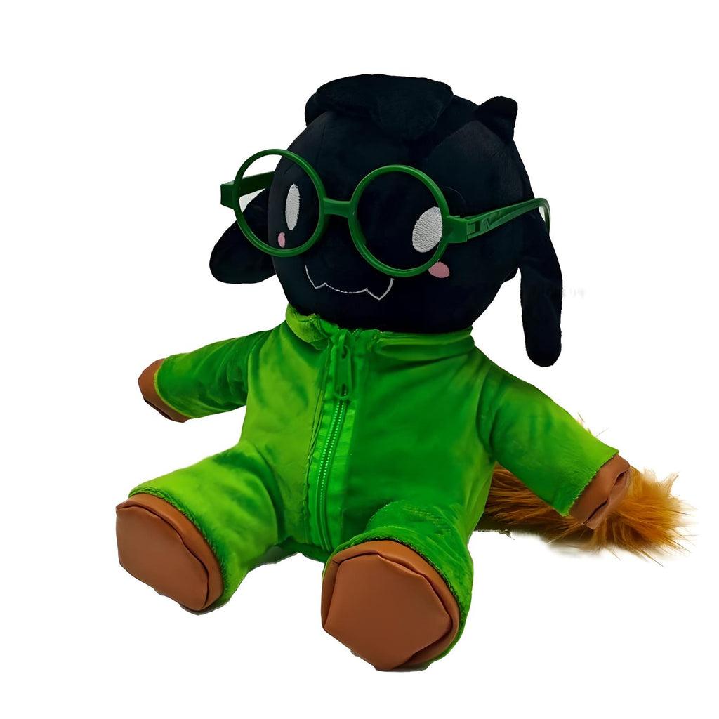 Close-up of the DELTARUNE Plush Toy No Hat Ralsei's face, focusing on the embroidered features and scarf.