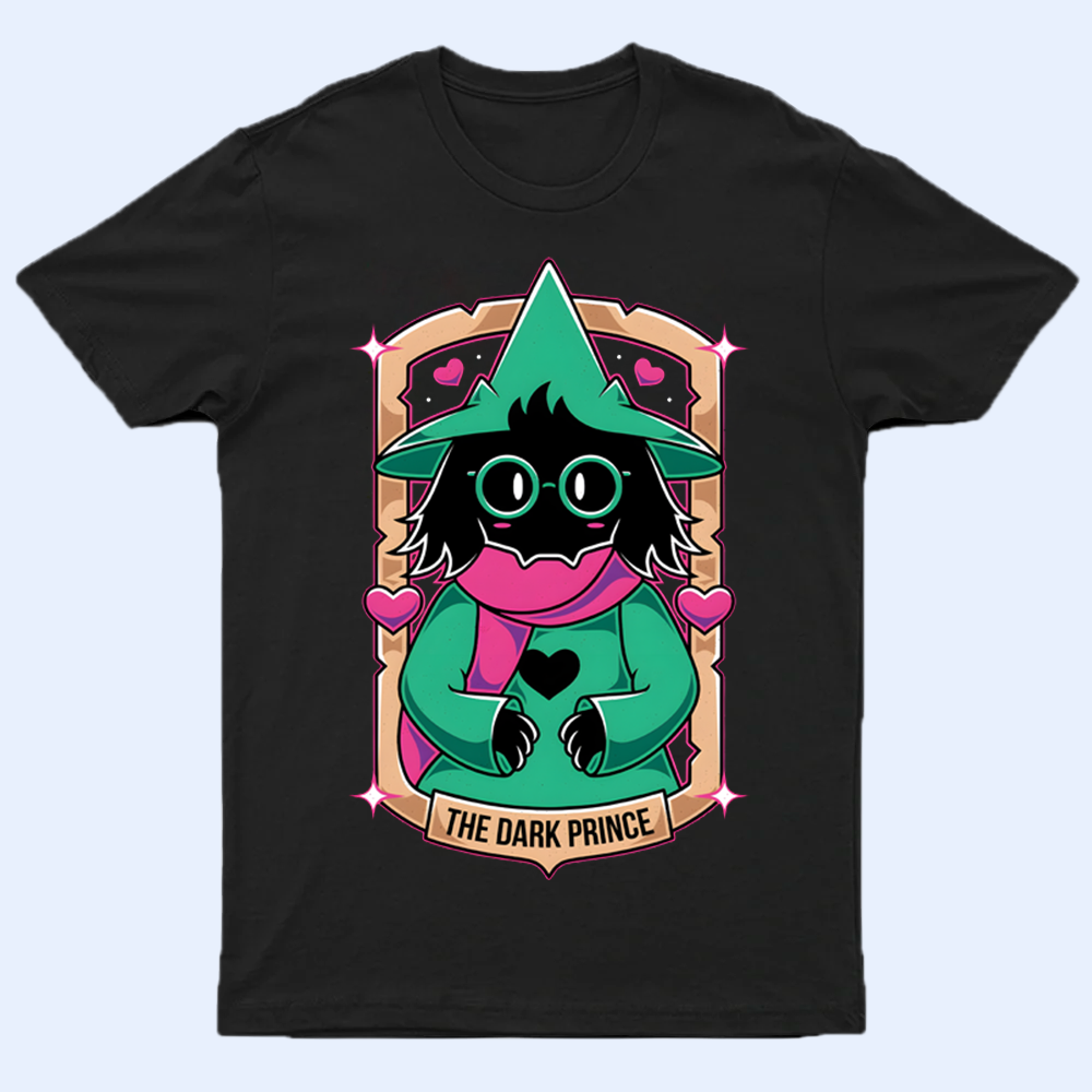Front view of the DELTARUNE Ralsei 'The Dark Prince' T-shirt, featuring a graphic of Ralsei with his title