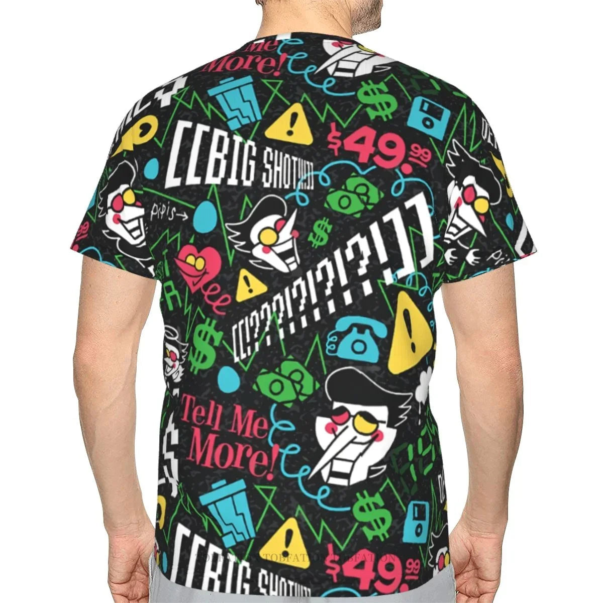 Back view of the DELTARUNE Spamton 'BIG SHOT' T-shirt, featuring a vibrant 3D printed design on a black polyester tee.