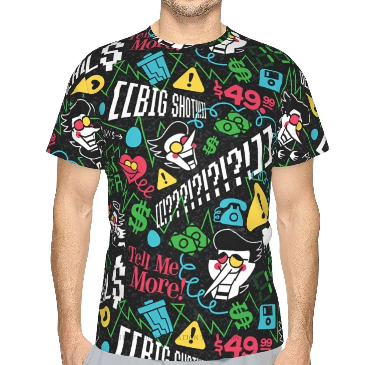 Front view of the DELTARUNE Spamton 'BIG SHOT' T-shirt, featuring a vibrant 3D printed design on a black polyester tee