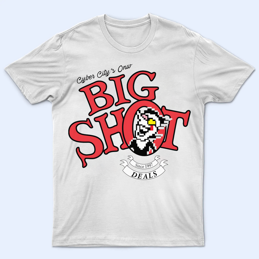 Front view of the DELTARUNE Spamton 'BIG SHOT' T-shirt, featuring the ultimate salesman character graphic.