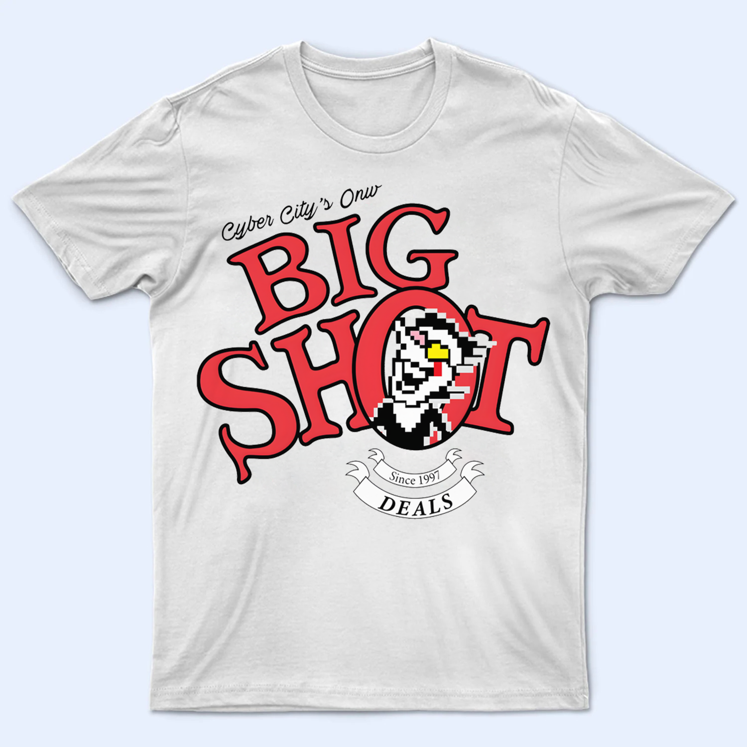 Front view of the DELTARUNE Spamton 'BIG SHOT' T-shirt, featuring the ultimate salesman character graphic.