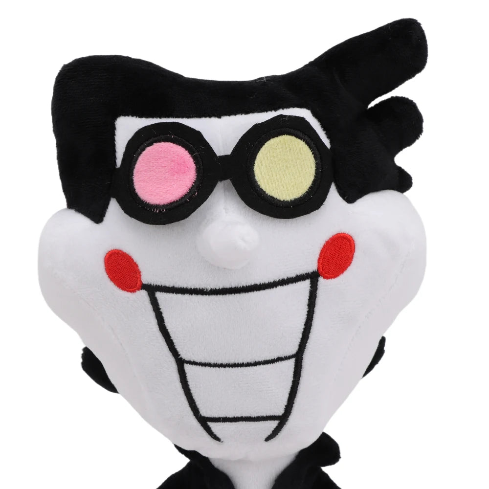 Close-up of the DELTARUNE Spamton Plush's face, focusing on the iconic glasses and embroidered smile