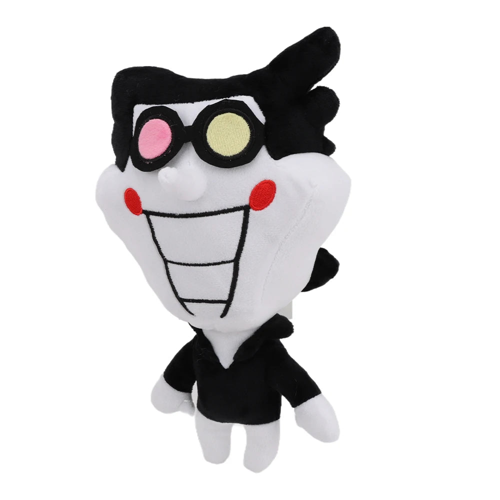 Close-up of the DELTARUNE Spamton Plush's face, focusing on the iconic glasses and embroidered smile